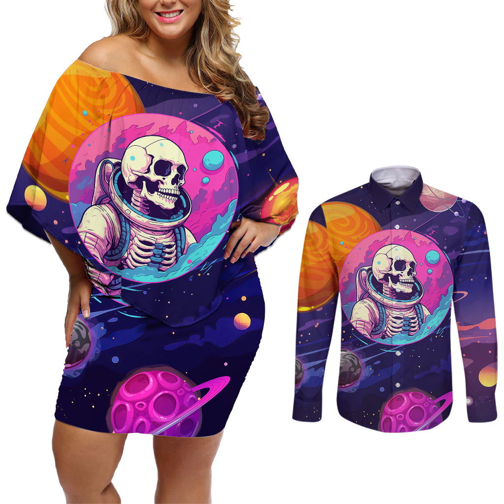 Skull Couples Matching Off Shoulder Short Dress and Long Sleeve Button Shirts I Love You in every Universe Cosmic Abstract Art - Wonder Print Shop