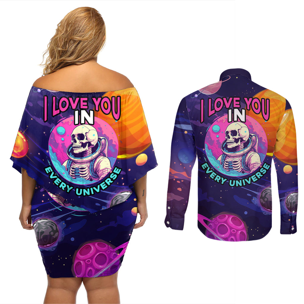 Skull Couples Matching Off Shoulder Short Dress and Long Sleeve Button Shirts I Love You in every Universe Cosmic Abstract Art - Wonder Print Shop