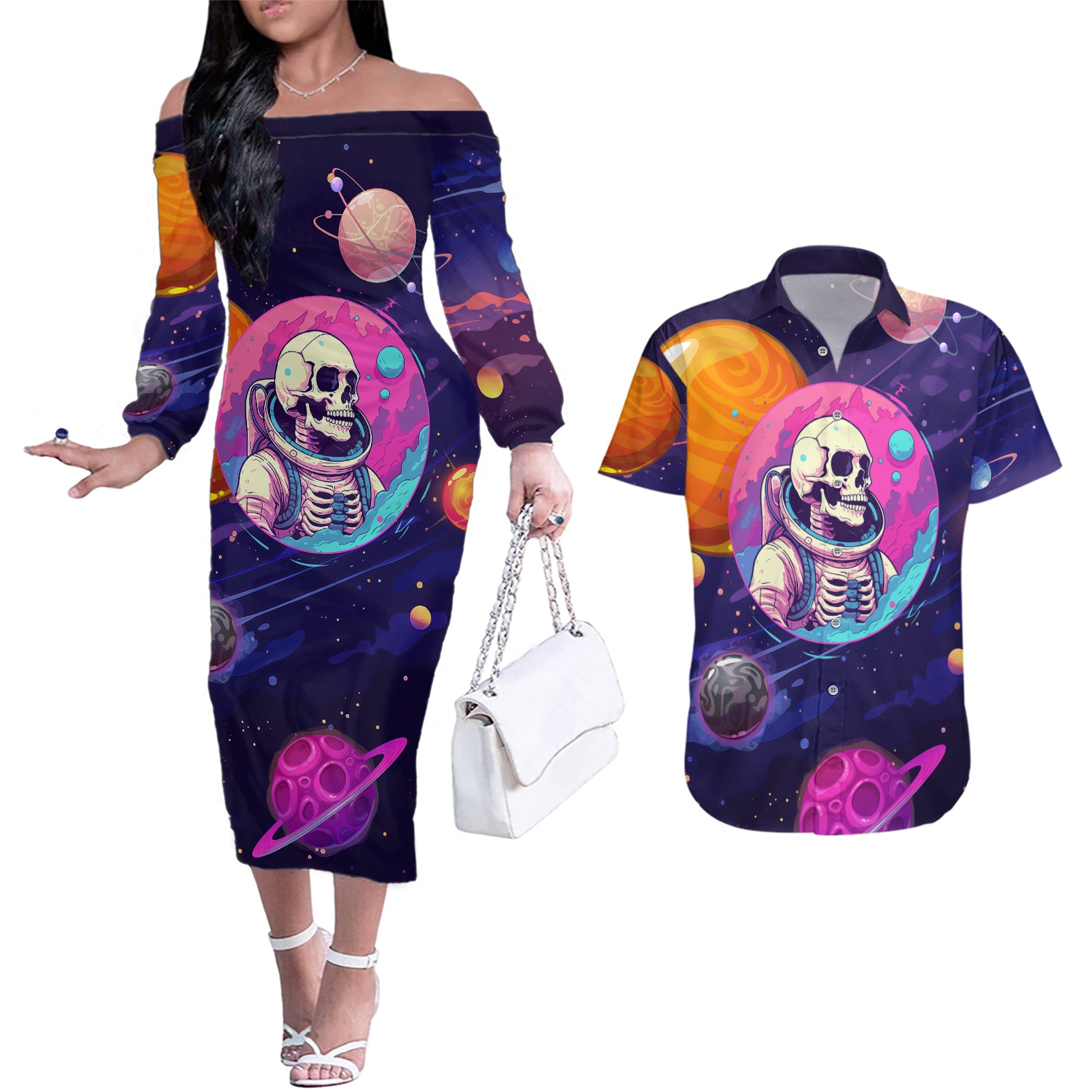 Skull Couples Matching Off The Shoulder Long Sleeve Dress and Hawaiian Shirt I Love You in every Universe Cosmic Abstract Art - Wonder Print Shop