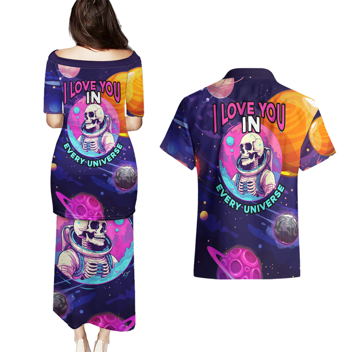 Skull Couples Matching Puletasi Dress and Hawaiian Shirt I Love You in every Universe Cosmic Abstract Art - Wonder Print Shop