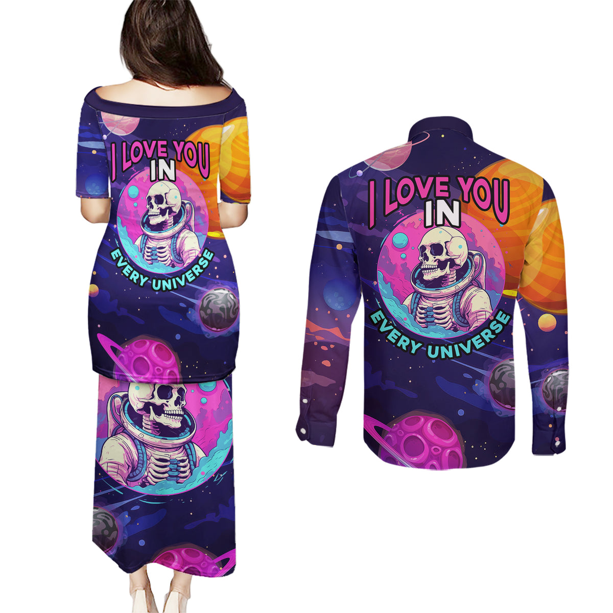 Skull Couples Matching Puletasi Dress and Long Sleeve Button Shirts I Love You in every Universe Cosmic Abstract Art - Wonder Print Shop