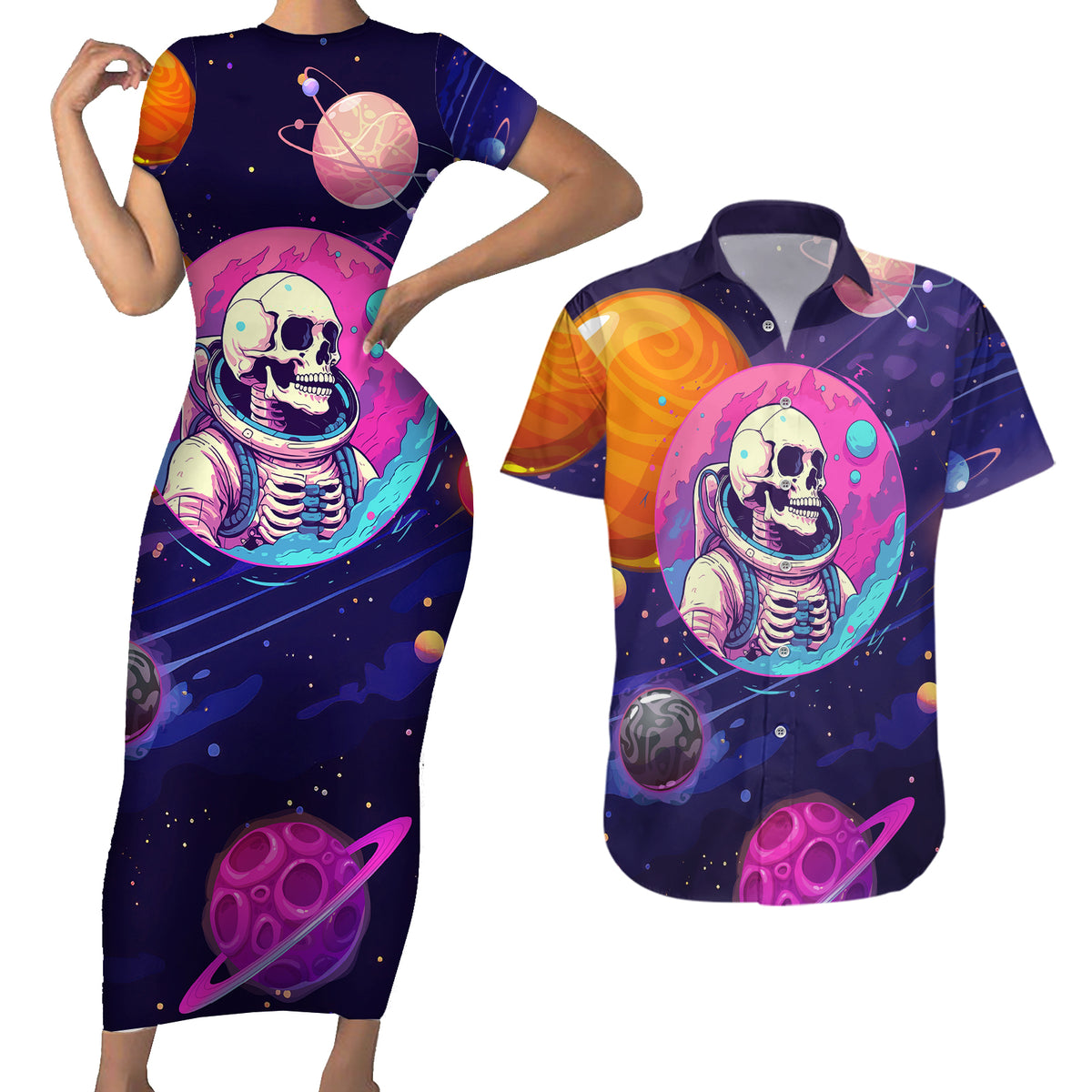 Skull Couples Matching Short Sleeve Bodycon Dress and Hawaiian Shirt I Love You in every Universe Cosmic Abstract Art - Wonder Print Shop