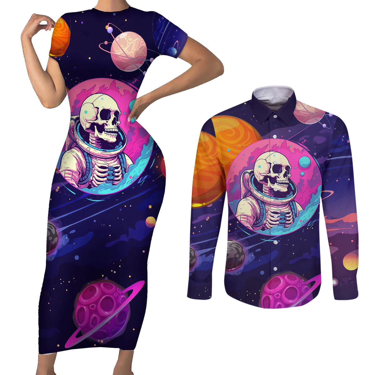 Skull Couples Matching Short Sleeve Bodycon Dress and Long Sleeve Button Shirts I Love You in every Universe Cosmic Abstract Art - Wonder Print Shop