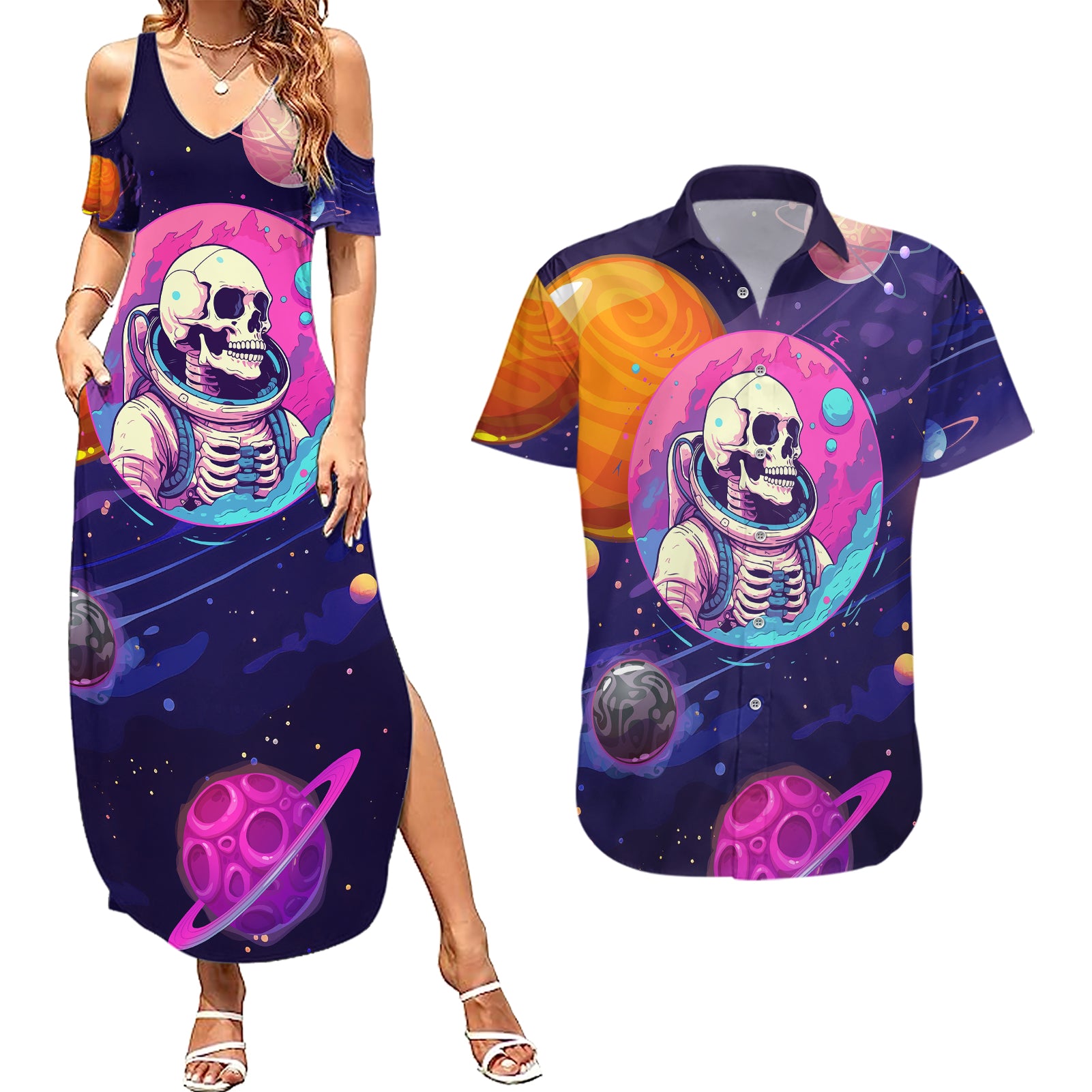 Skull Couples Matching Summer Maxi Dress and Hawaiian Shirt I Love You in every Universe Cosmic Abstract Art - Wonder Print Shop
