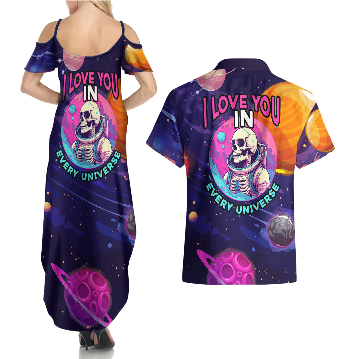 Skull Couples Matching Summer Maxi Dress and Hawaiian Shirt I Love You in every Universe Cosmic Abstract Art - Wonder Print Shop