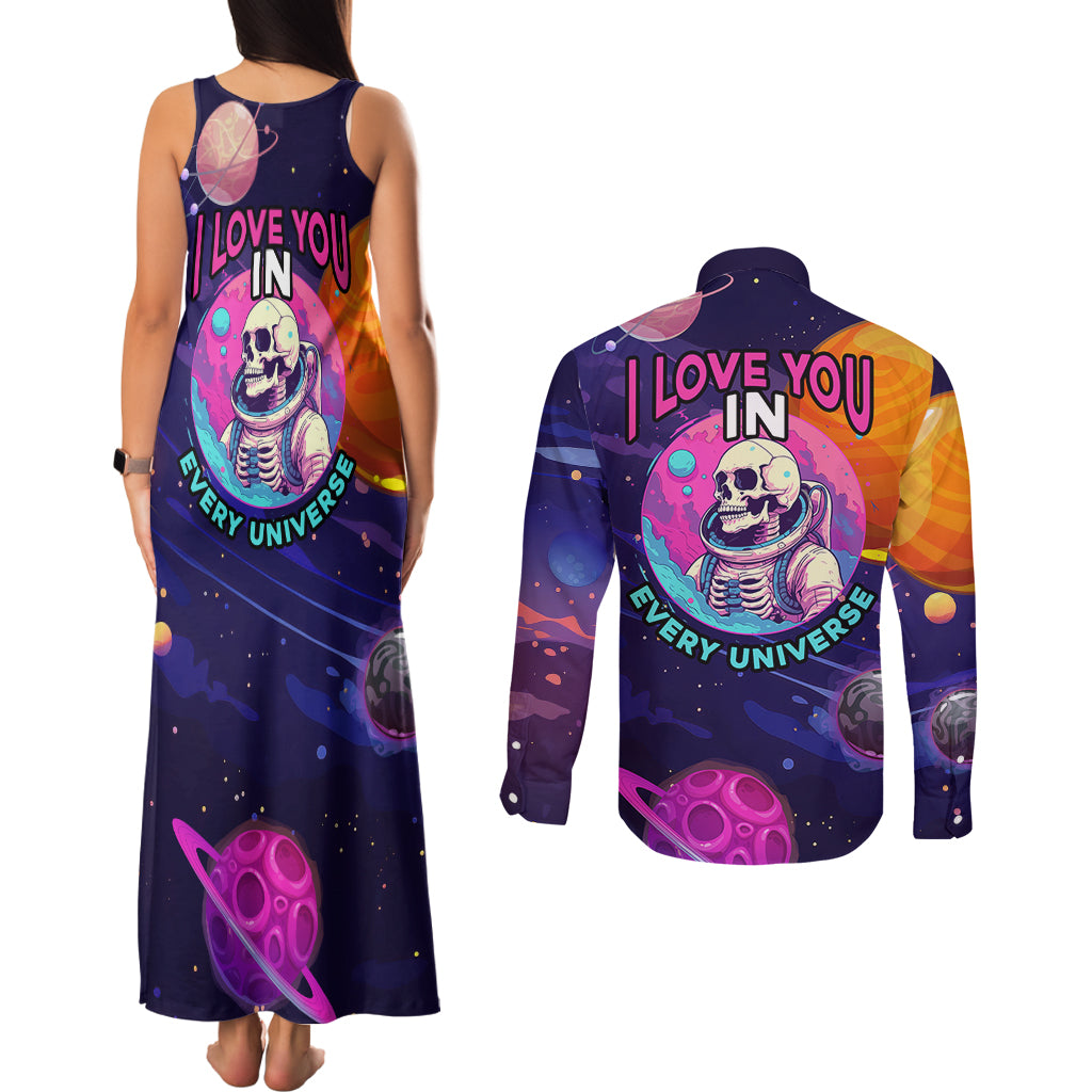 Skull Couples Matching Tank Maxi Dress and Long Sleeve Button Shirts I Love You in every Universe Cosmic Abstract Art - Wonder Print Shop