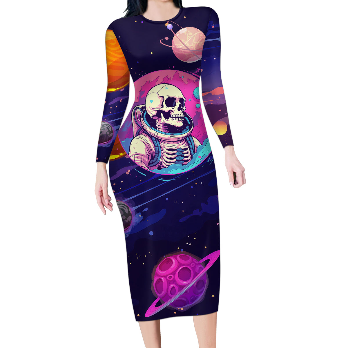 Skull Family Matching Long Sleeve Bodycon Dress and Hawaiian Shirt I Love You in every Universe Cosmic Abstract Art - Wonder Print Shop