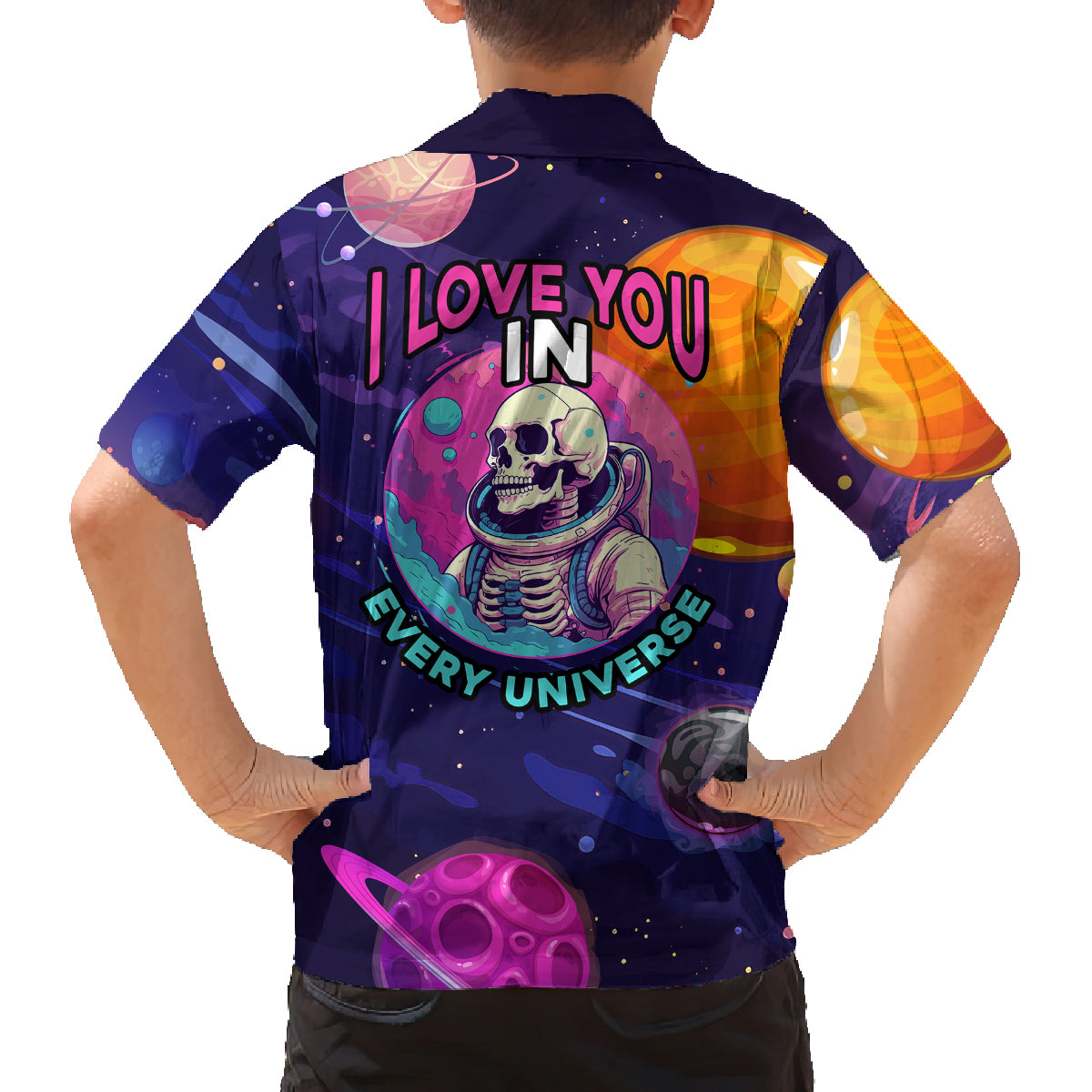 Skull Family Matching Off Shoulder Maxi Dress and Hawaiian Shirt I Love You in every Universe Cosmic Abstract Art - Wonder Print Shop