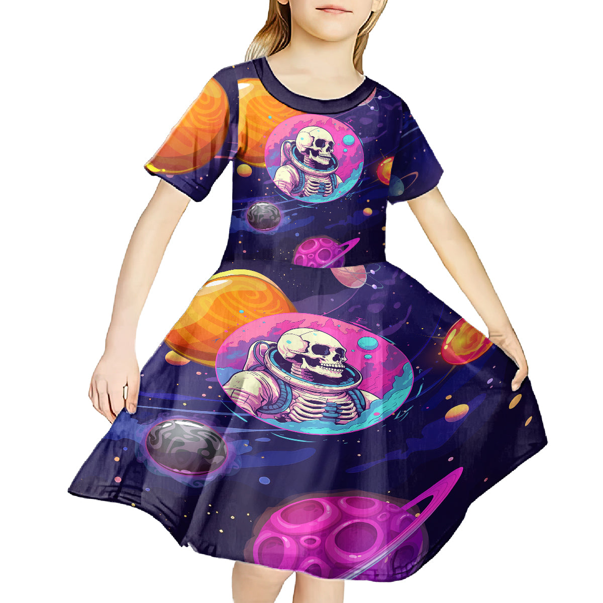 Skull Kid Short Sleeve Dress I Love You in every Universe Cosmic Abstract Art - Wonder Print Shop