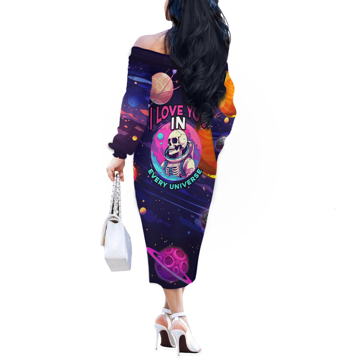 Skull Off The Shoulder Long Sleeve Dress I Love You in every Universe Cosmic Abstract Art - Wonder Print Shop