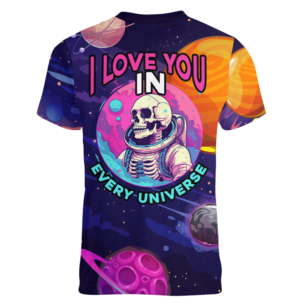 Skull Women V Neck T Shirt I Love You in every Universe Cosmic Abstract Art - Wonder Print Shop