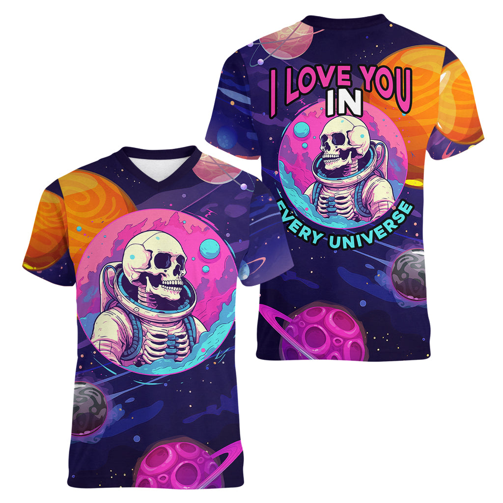 Skull Women V Neck T Shirt I Love You in every Universe Cosmic Abstract Art - Wonder Print Shop
