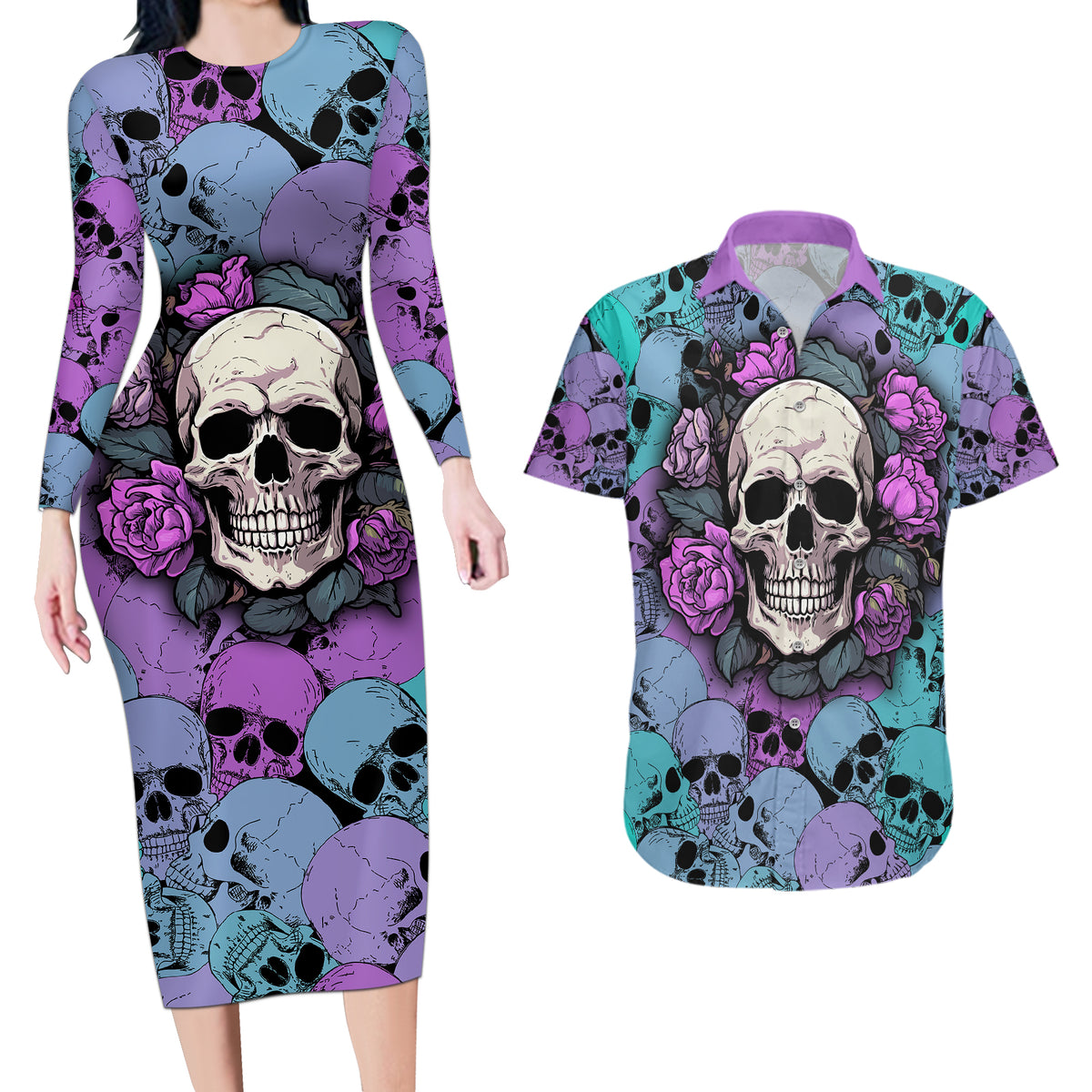 Skull Pattern Couples Matching Long Sleeve Bodycon Dress and Hawaiian Shirt Your Are Not Hard To Love - Wonder Print Shop