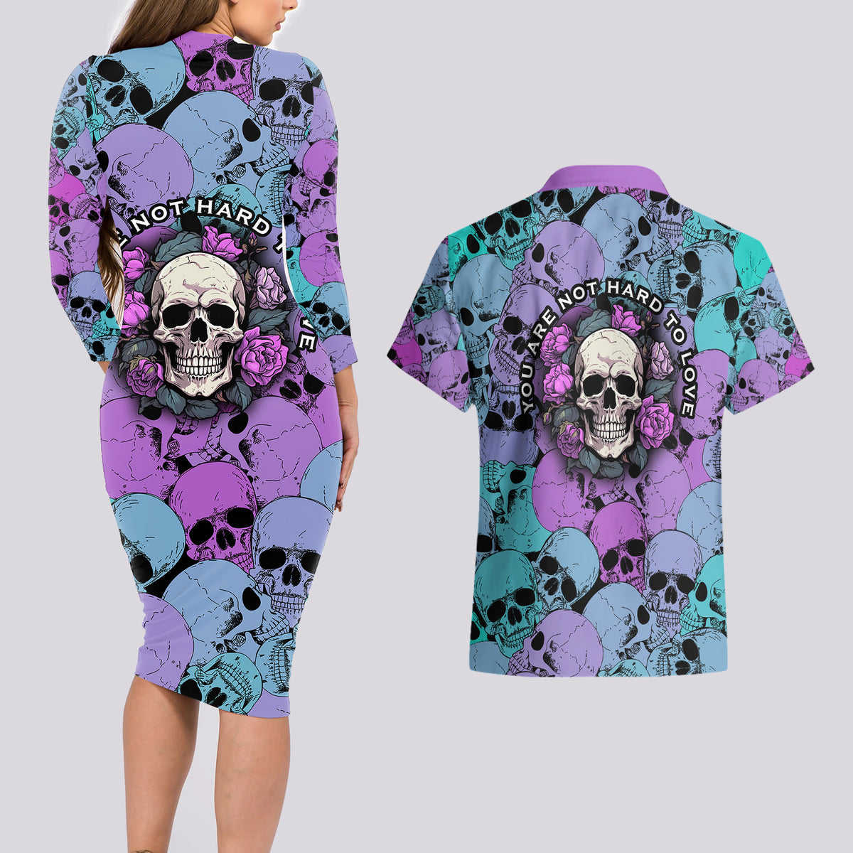 Skull Pattern Couples Matching Long Sleeve Bodycon Dress and Hawaiian Shirt Your Are Not Hard To Love - Wonder Print Shop