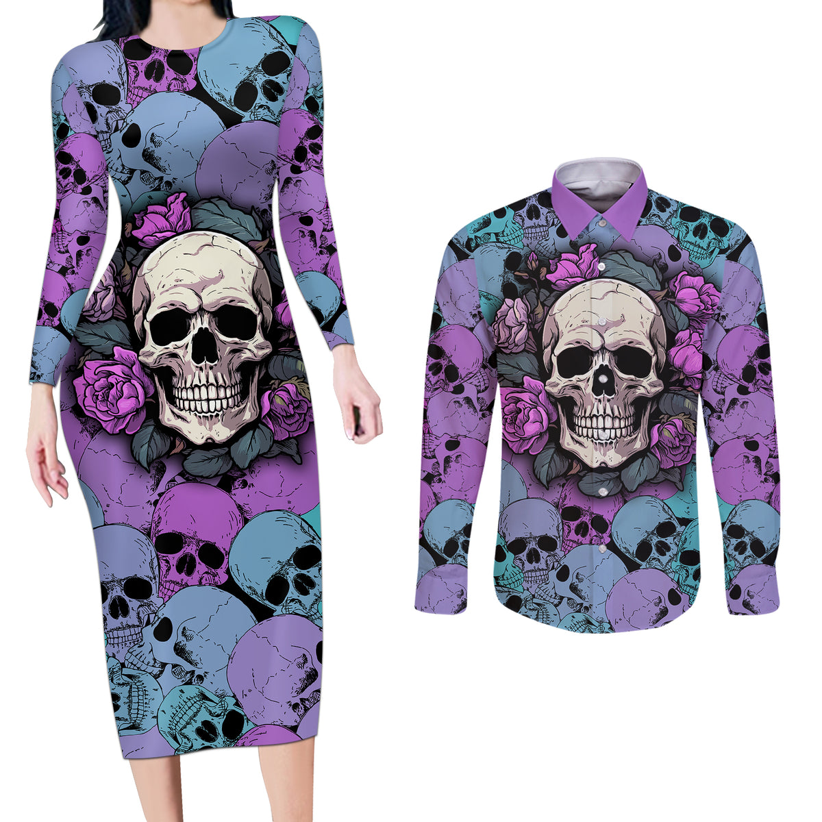 Skull Pattern Couples Matching Long Sleeve Bodycon Dress and Long Sleeve Button Shirts Your Are Not Hard To Love - Wonder Print Shop