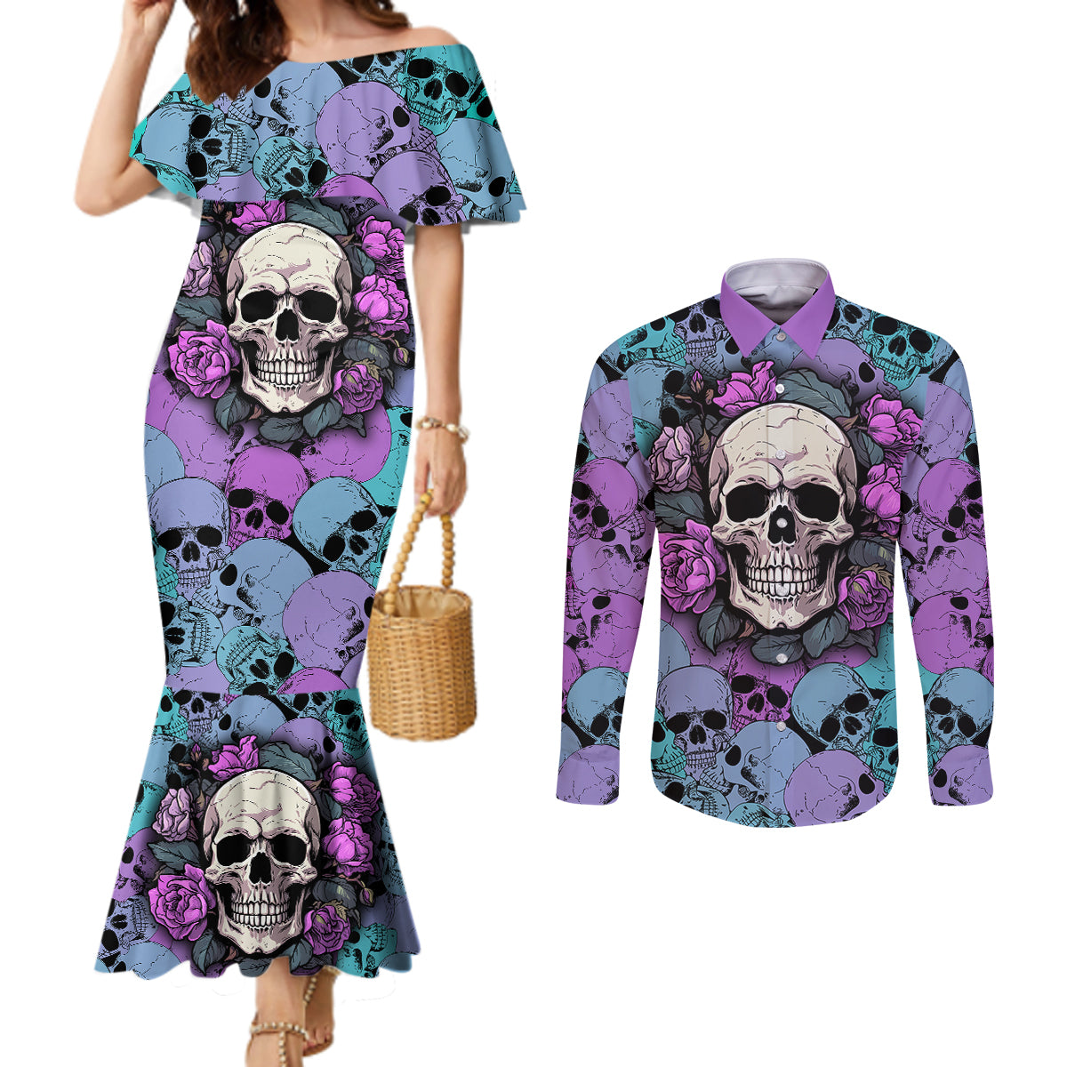 skull-pattern-couples-matching-mermaid-dress-and-long-sleeve-button-shirts-your-are-not-hard-to-love