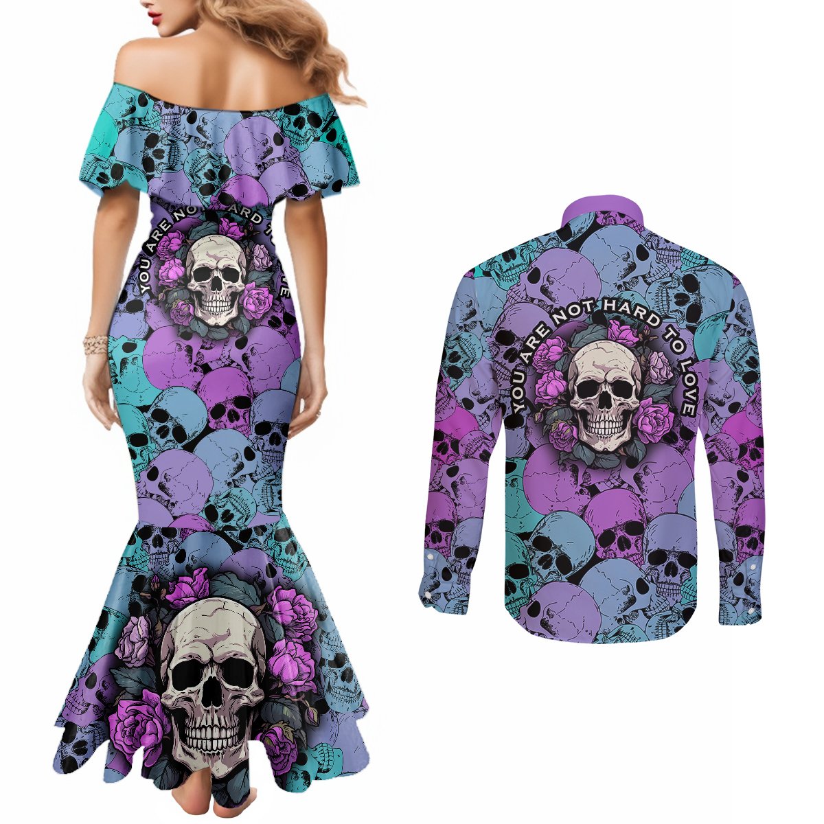 skull-pattern-couples-matching-mermaid-dress-and-long-sleeve-button-shirts-your-are-not-hard-to-love