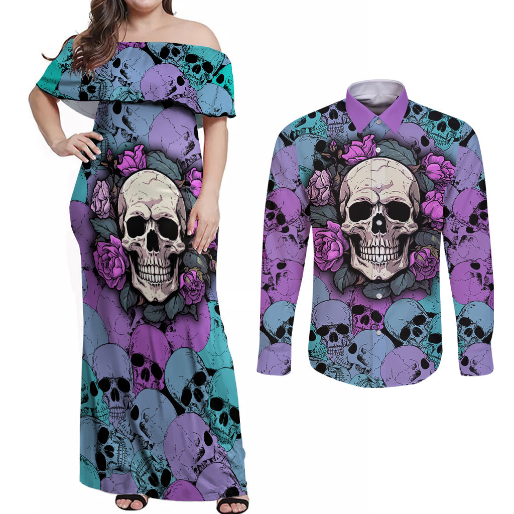Skull Pattern Couples Matching Off Shoulder Maxi Dress and Long Sleeve Button Shirts Your Are Not Hard To Love - Wonder Print Shop
