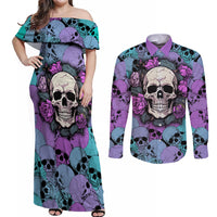 Skull Pattern Couples Matching Off Shoulder Maxi Dress and Long Sleeve Button Shirts Your Are Not Hard To Love - Wonder Print Shop