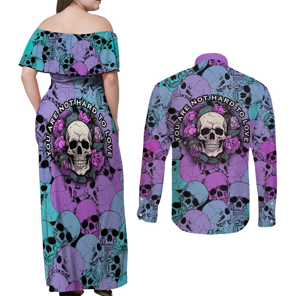 Skull Pattern Couples Matching Off Shoulder Maxi Dress and Long Sleeve Button Shirts Your Are Not Hard To Love - Wonder Print Shop