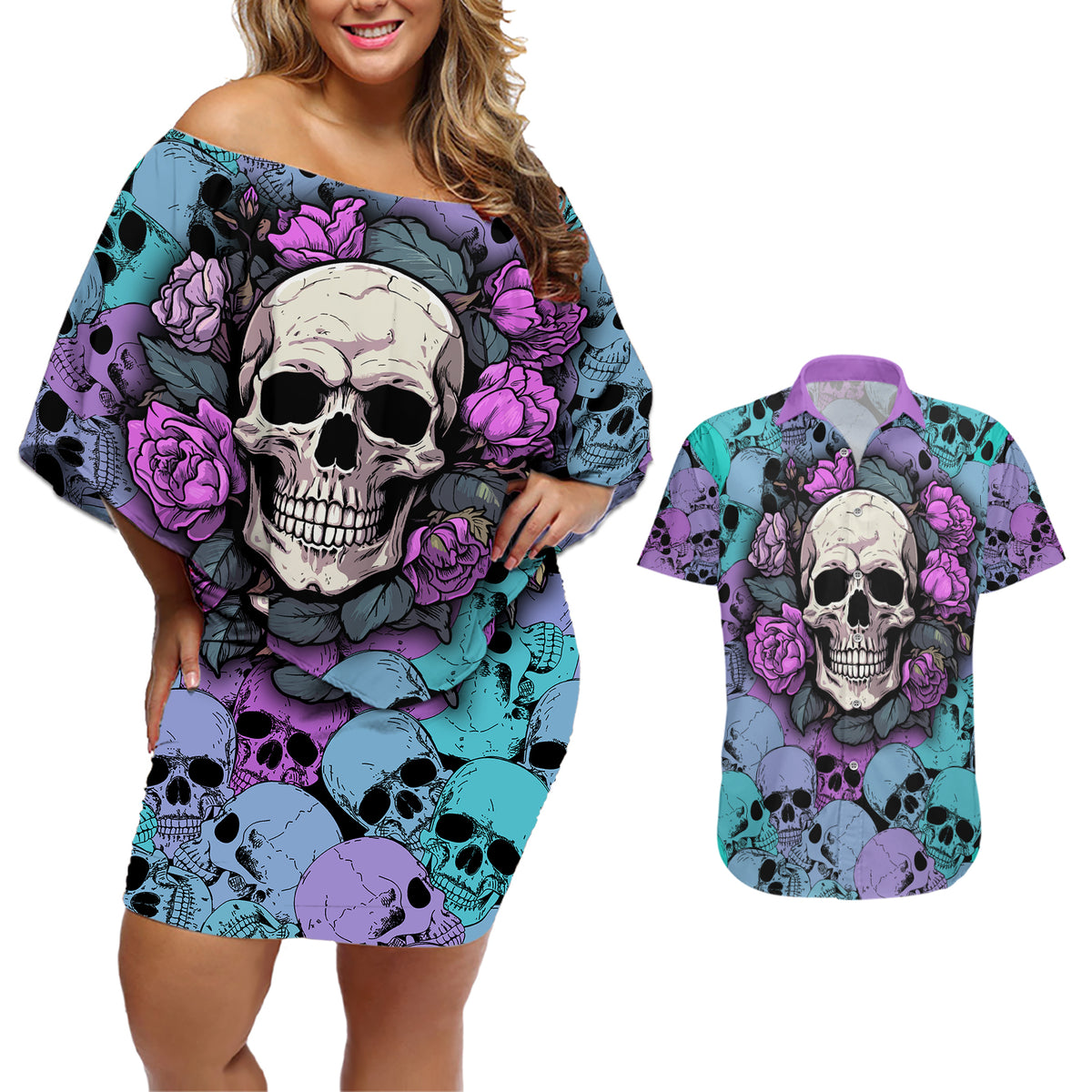 Skull Pattern Couples Matching Off Shoulder Short Dress and Hawaiian Shirt Your Are Not Hard To Love - Wonder Print Shop