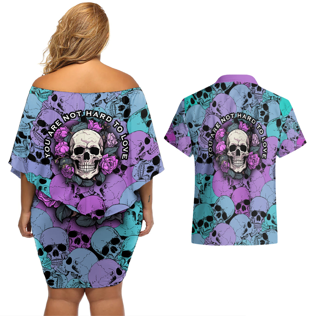 Skull Pattern Couples Matching Off Shoulder Short Dress and Hawaiian Shirt Your Are Not Hard To Love - Wonder Print Shop