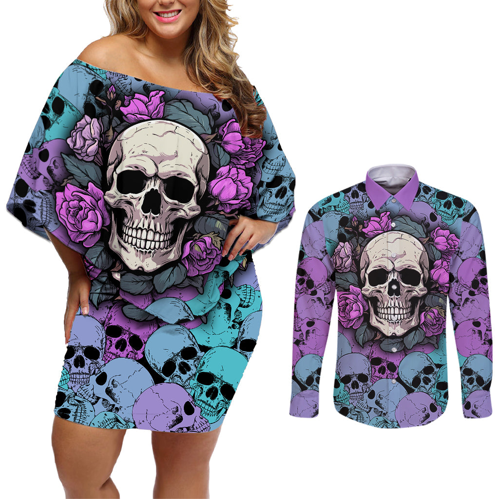 Skull Pattern Couples Matching Off Shoulder Short Dress and Long Sleeve Button Shirts Your Are Not Hard To Love - Wonder Print Shop