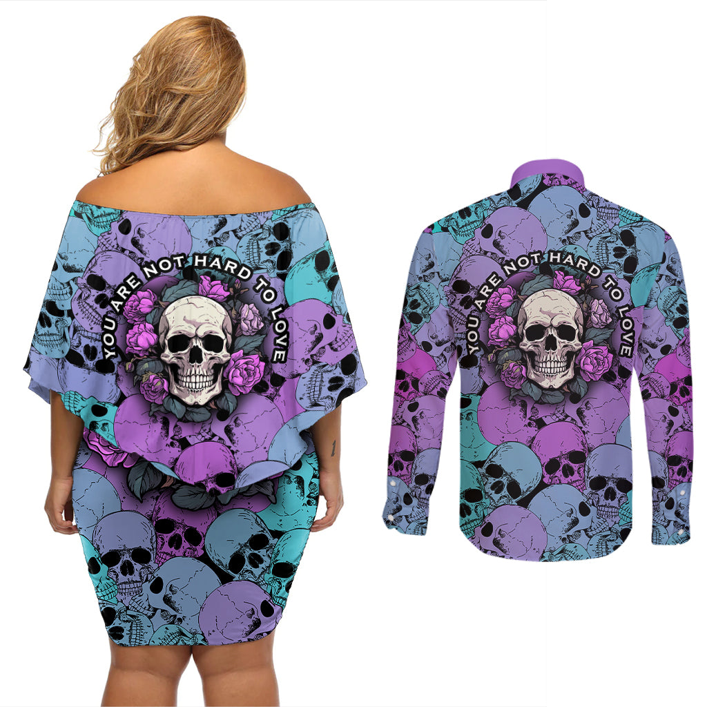 Skull Pattern Couples Matching Off Shoulder Short Dress and Long Sleeve Button Shirts Your Are Not Hard To Love - Wonder Print Shop