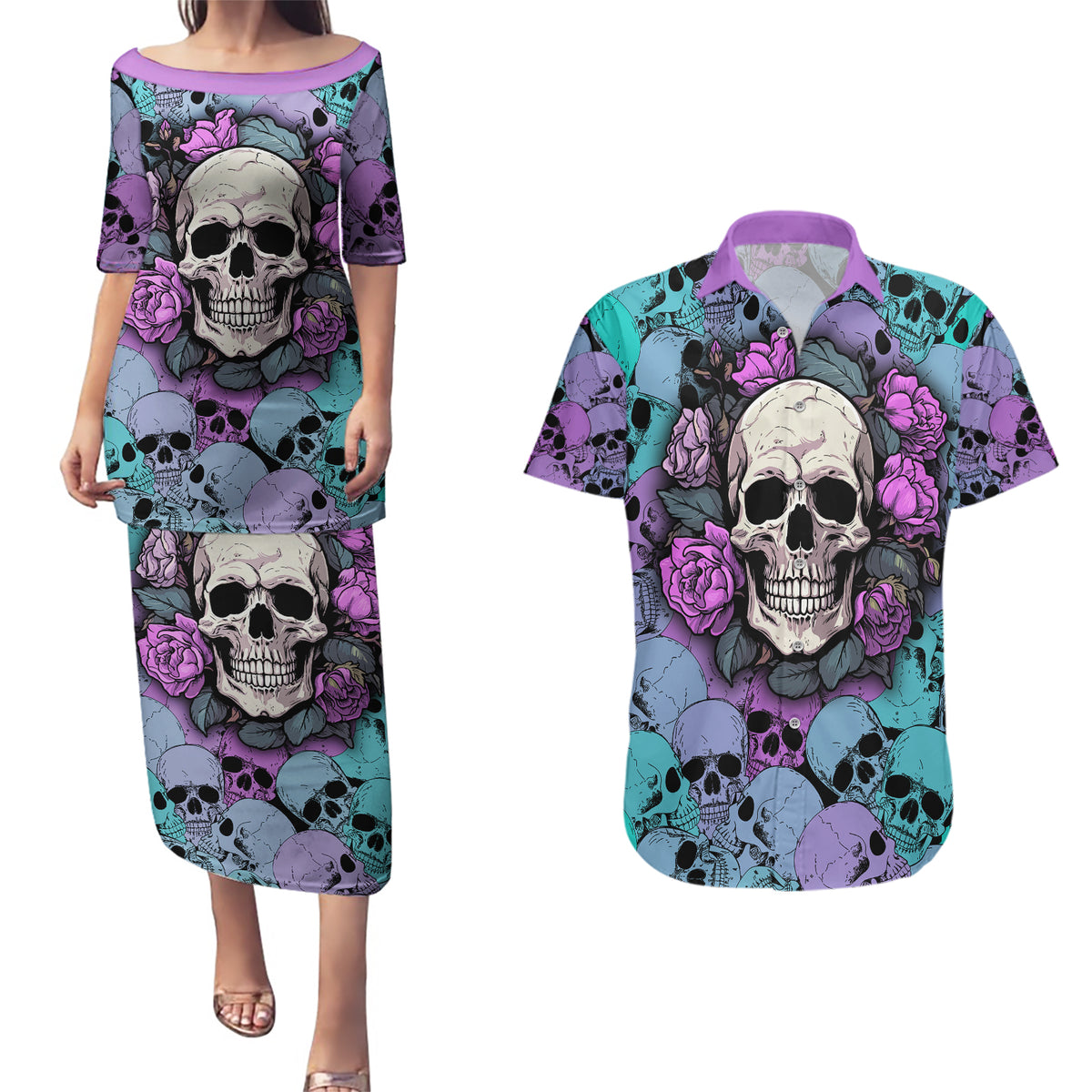 Skull Pattern Couples Matching Puletasi Dress and Hawaiian Shirt Your Are Not Hard To Love - Wonder Print Shop