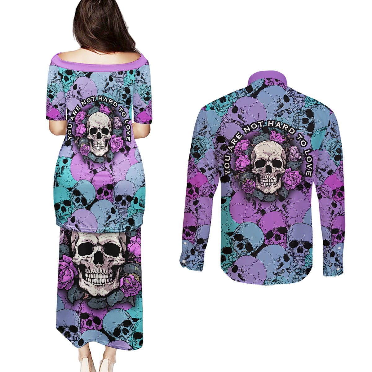 Skull Pattern Couples Matching Puletasi Dress and Long Sleeve Button Shirts Your Are Not Hard To Love - Wonder Print Shop
