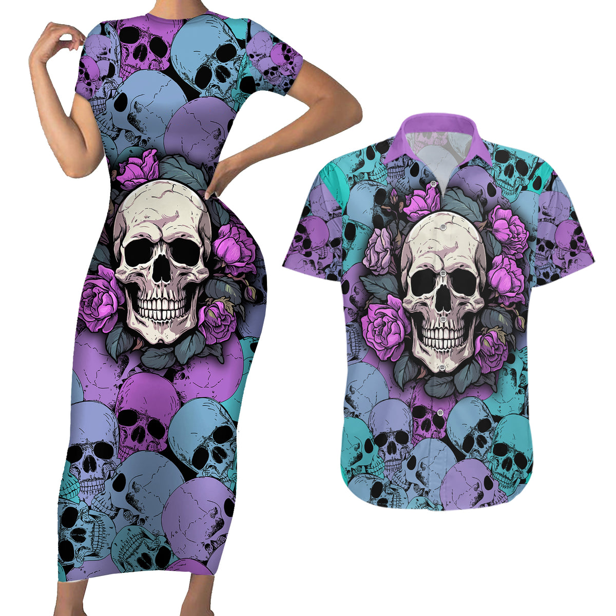 Skull Pattern Couples Matching Short Sleeve Bodycon Dress and Hawaiian Shirt Your Are Not Hard To Love - Wonder Print Shop