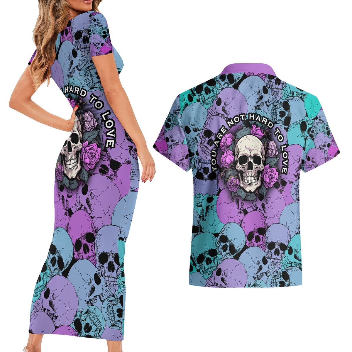 Skull Pattern Couples Matching Short Sleeve Bodycon Dress and Hawaiian Shirt Your Are Not Hard To Love - Wonder Print Shop