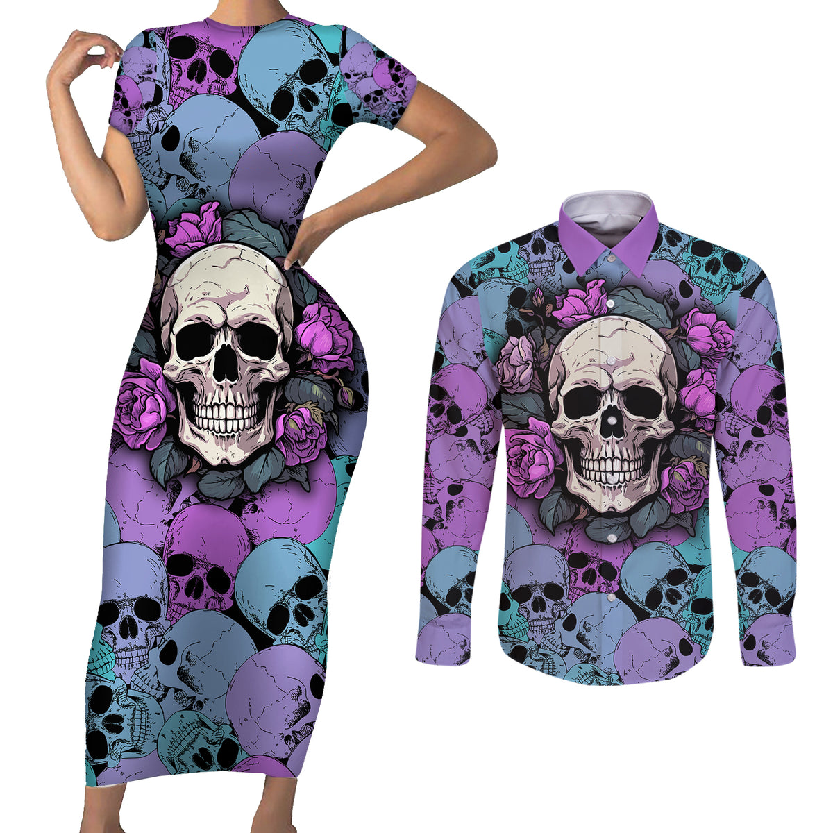 Skull Pattern Couples Matching Short Sleeve Bodycon Dress and Long Sleeve Button Shirts Your Are Not Hard To Love - Wonder Print Shop
