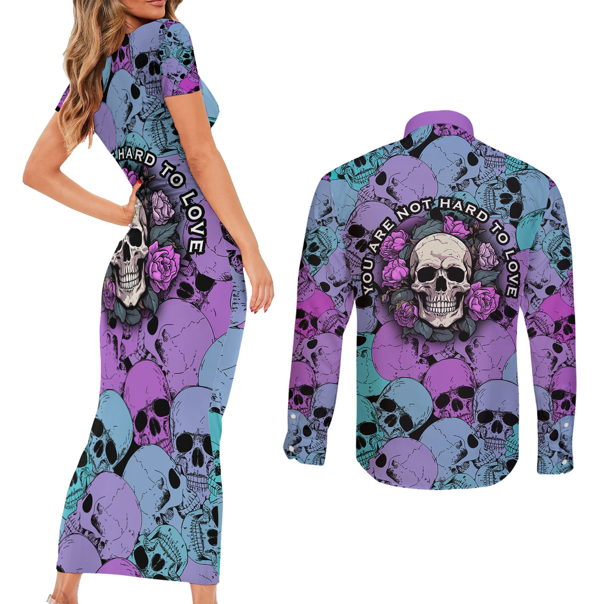 Skull Pattern Couples Matching Short Sleeve Bodycon Dress and Long Sleeve Button Shirts Your Are Not Hard To Love - Wonder Print Shop