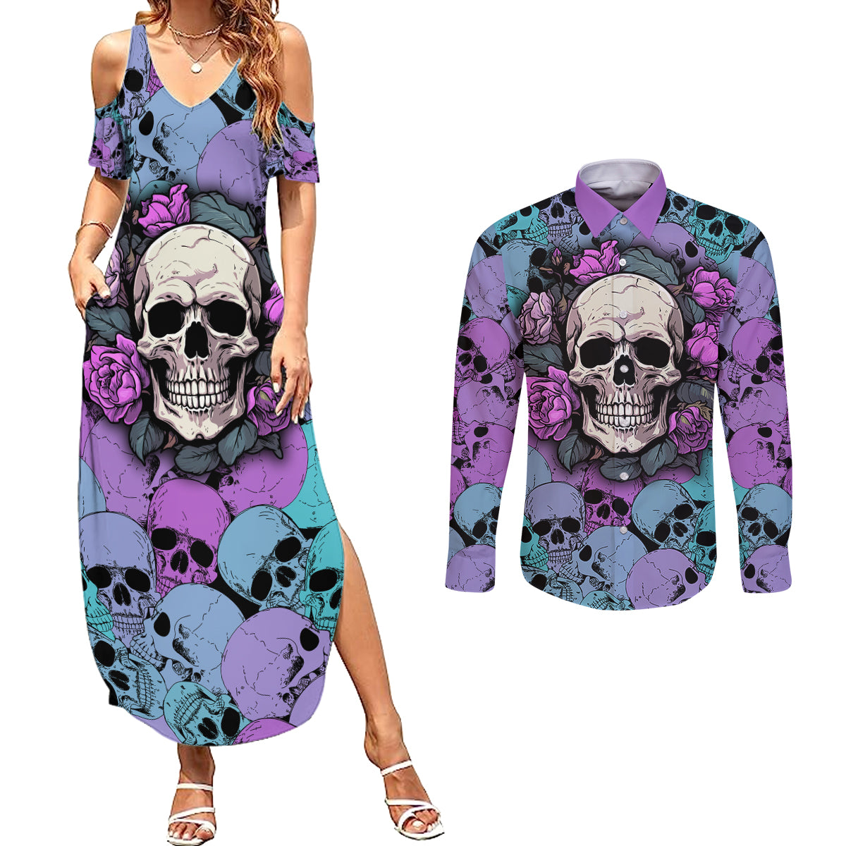 Skull Pattern Couples Matching Summer Maxi Dress and Long Sleeve Button Shirts Your Are Not Hard To Love - Wonder Print Shop