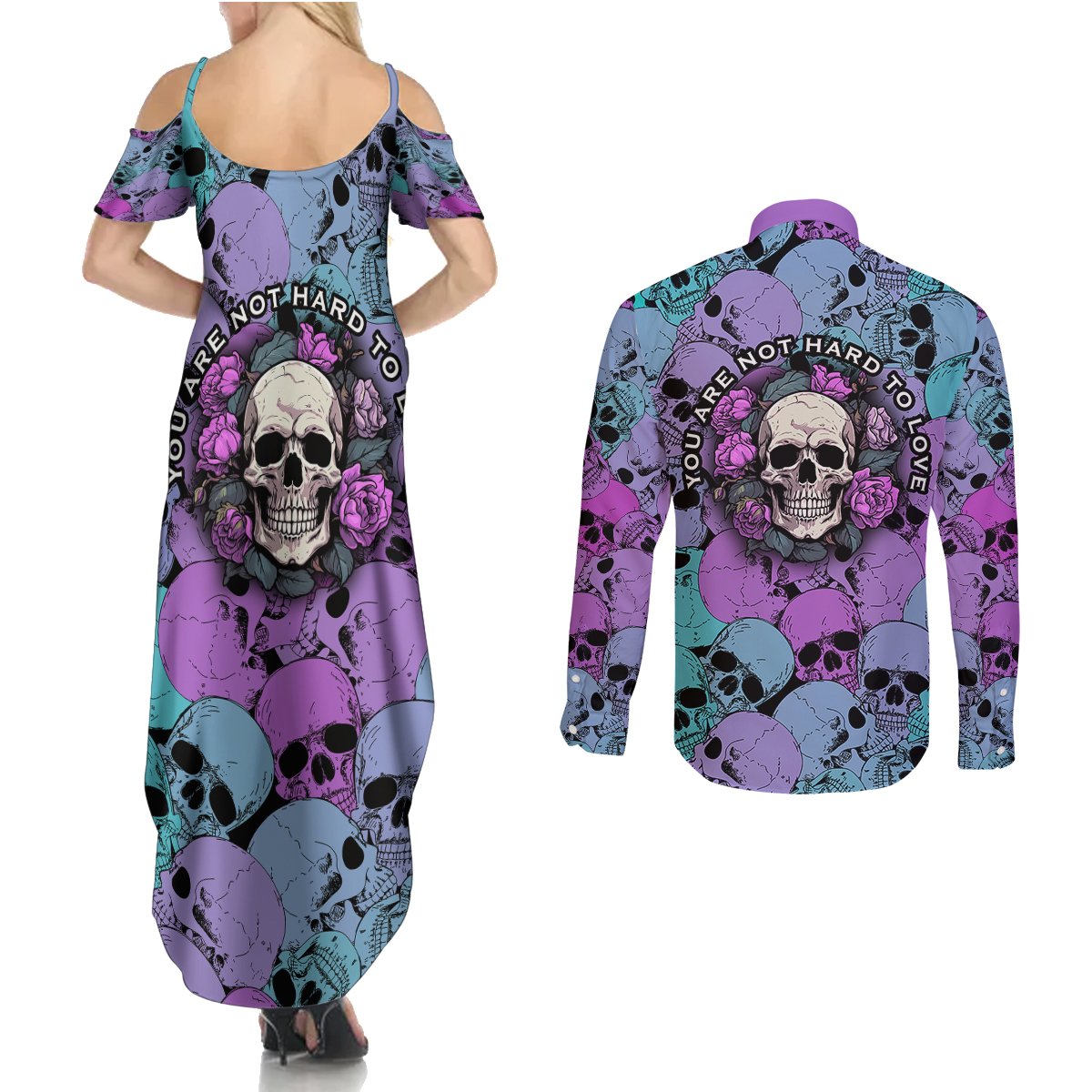 Skull Pattern Couples Matching Summer Maxi Dress and Long Sleeve Button Shirts Your Are Not Hard To Love - Wonder Print Shop