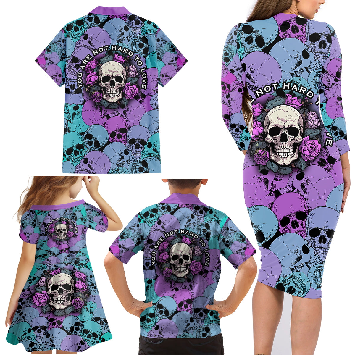 Skull Pattern Family Matching Long Sleeve Bodycon Dress and Hawaiian Shirt Your Are Not Hard To Love - Wonder Print Shop
