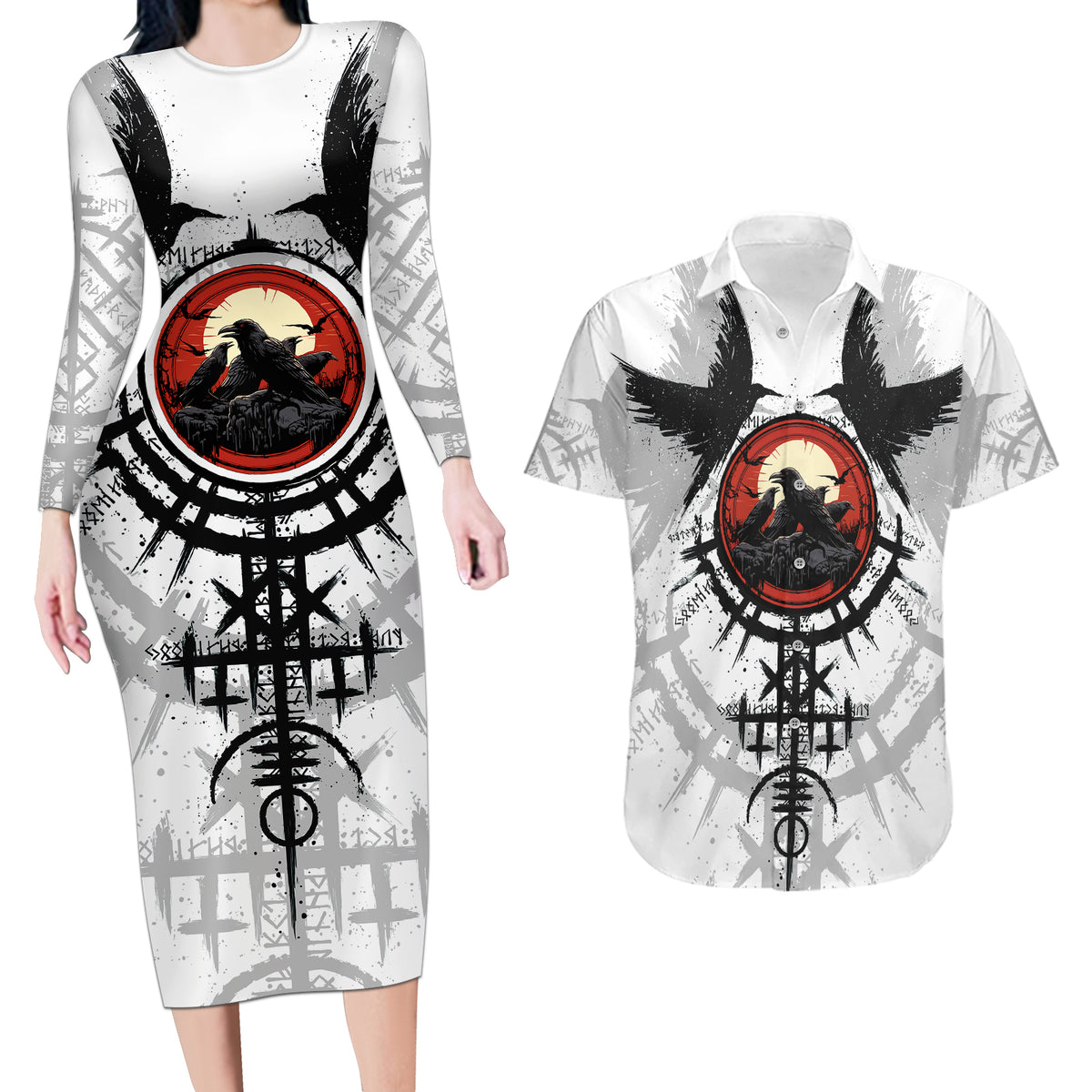 Viking Ravens Couples Matching Long Sleeve Bodycon Dress and Hawaiian Shirt Can't Hide Our Warrior Pride - Wonder Print Shop