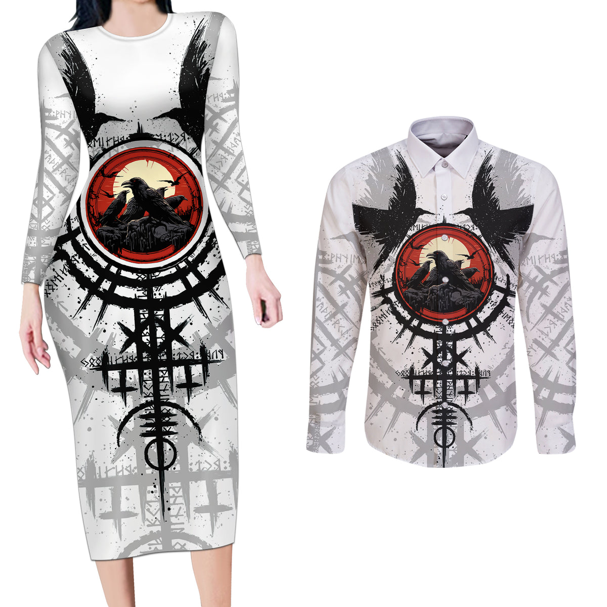 Viking Ravens Couples Matching Long Sleeve Bodycon Dress and Long Sleeve Button Shirts Can't Hide Our Warrior Pride - Wonder Print Shop