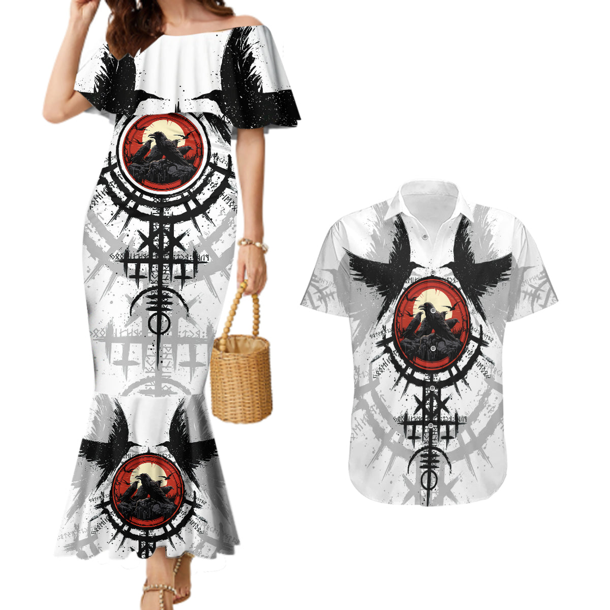 Viking Ravens Couples Matching Mermaid Dress and Hawaiian Shirt Can't Hide Our Warrior Pride - Wonder Print Shop
