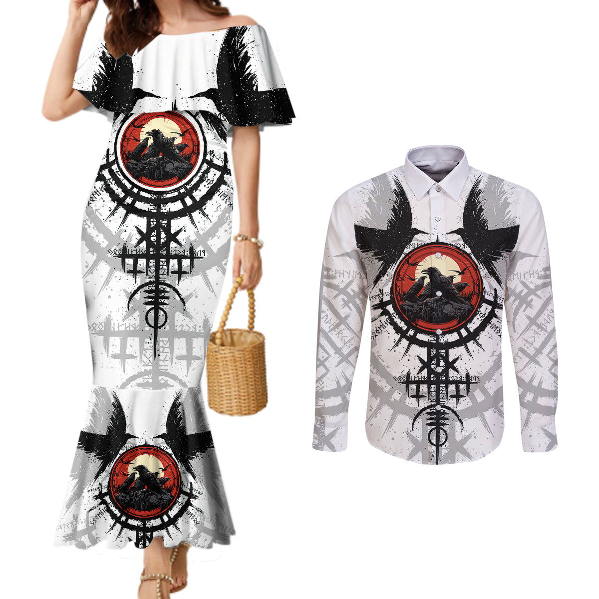 viking-ravens-couples-matching-mermaid-dress-and-long-sleeve-button-shirts-cant-hide-our-warrior-pride