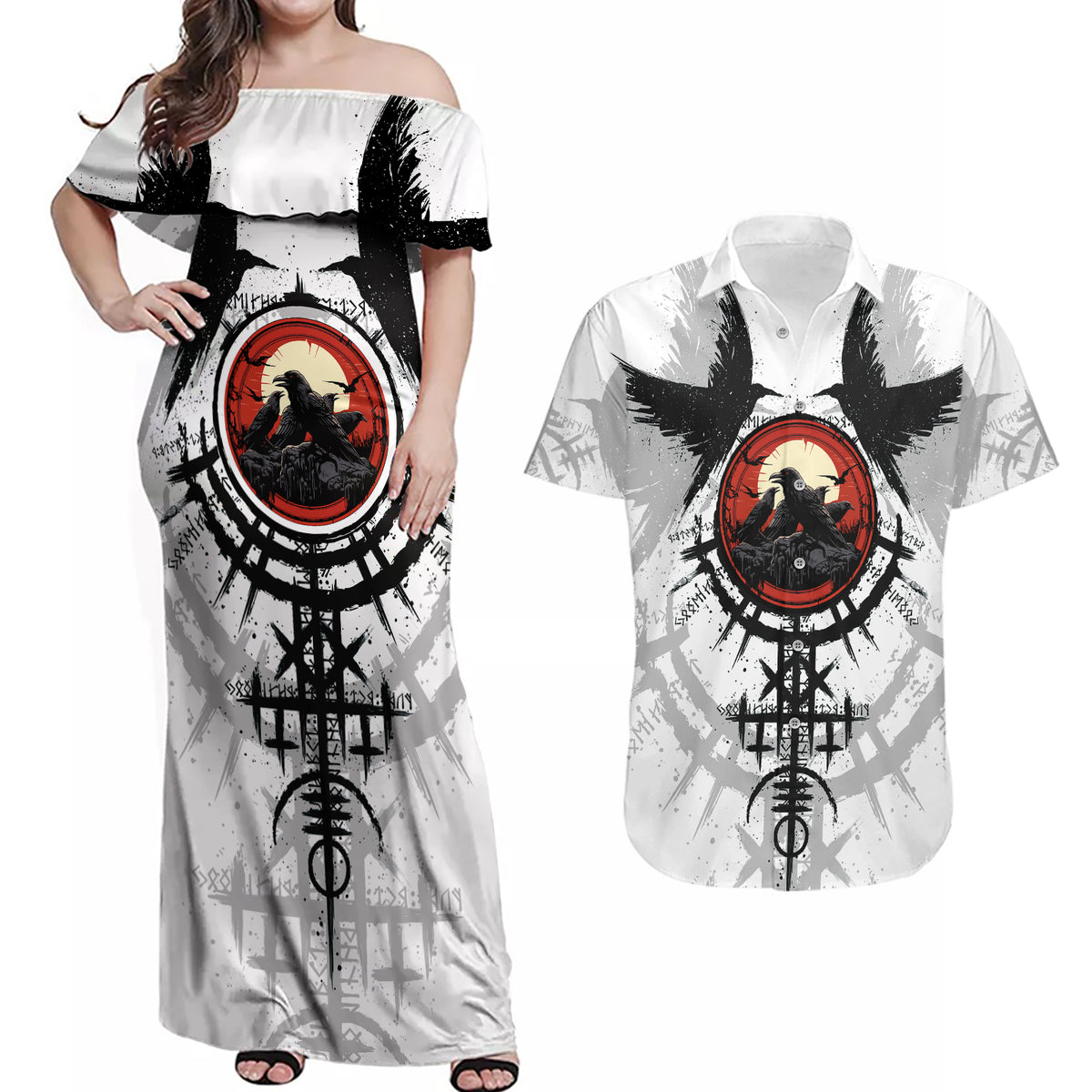Viking Ravens Couples Matching Off Shoulder Maxi Dress and Hawaiian Shirt Can't Hide Our Warrior Pride - Wonder Print Shop