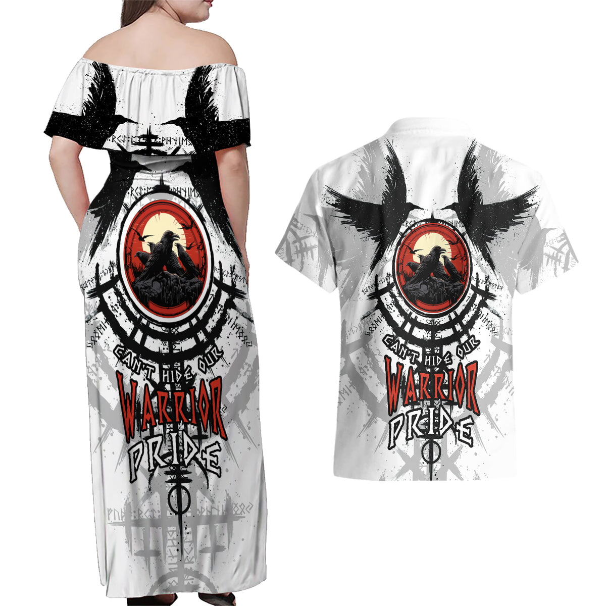 Viking Ravens Couples Matching Off Shoulder Maxi Dress and Hawaiian Shirt Can't Hide Our Warrior Pride - Wonder Print Shop