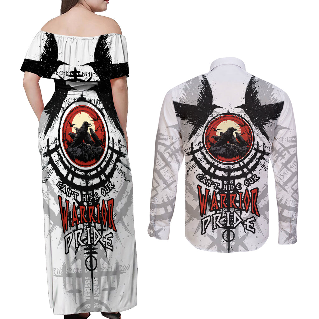 Viking Ravens Couples Matching Off Shoulder Maxi Dress and Long Sleeve Button Shirts Can't Hide Our Warrior Pride - Wonder Print Shop