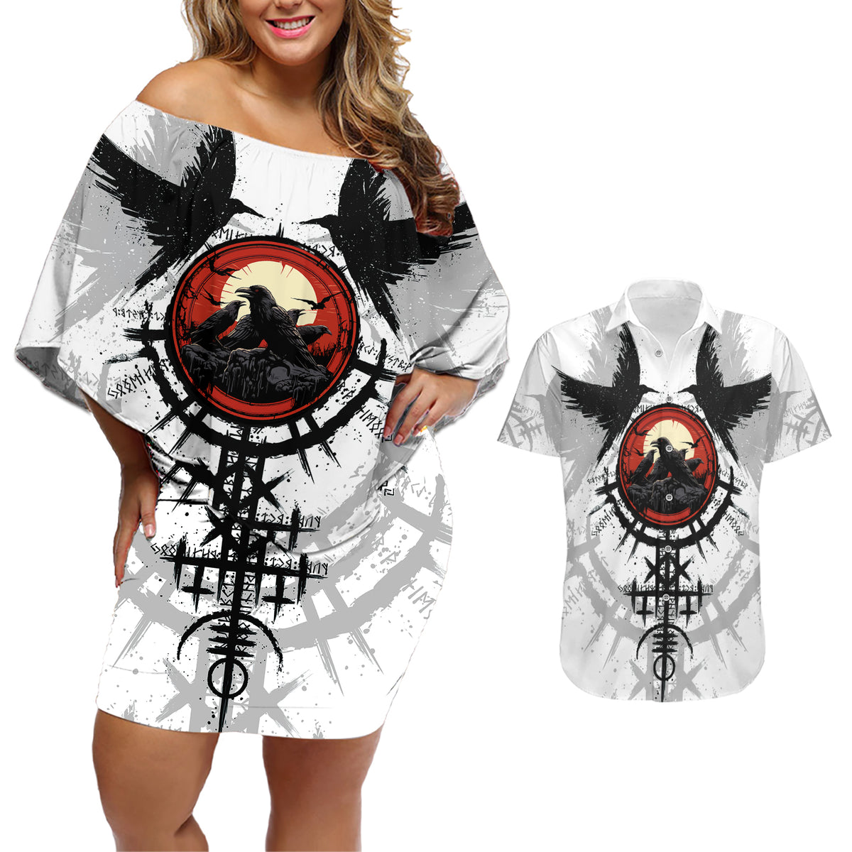 Viking Ravens Couples Matching Off Shoulder Short Dress and Hawaiian Shirt Can't Hide Our Warrior Pride - Wonder Print Shop
