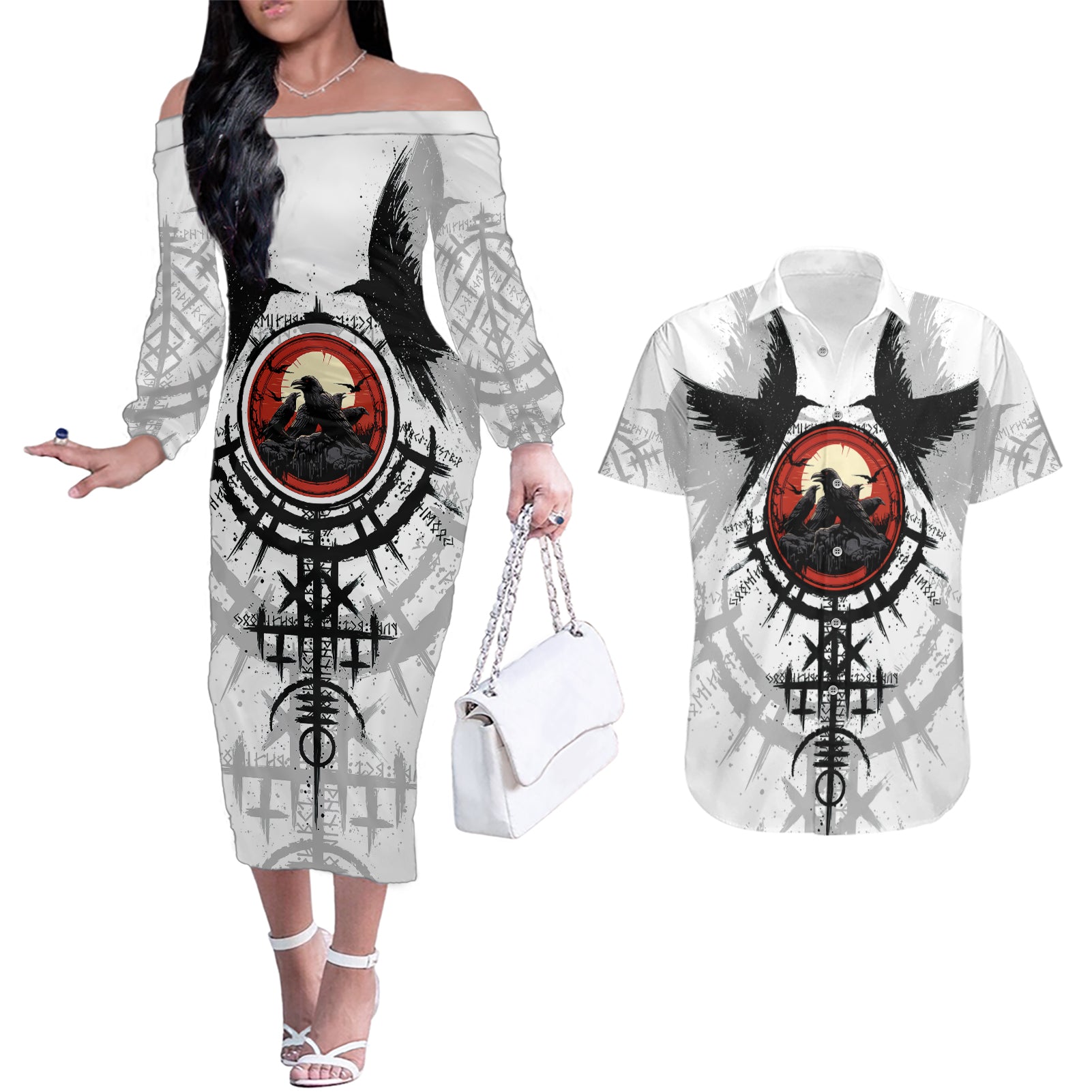 Viking Ravens Couples Matching Off The Shoulder Long Sleeve Dress and Hawaiian Shirt Can't Hide Our Warrior Pride - Wonder Print Shop