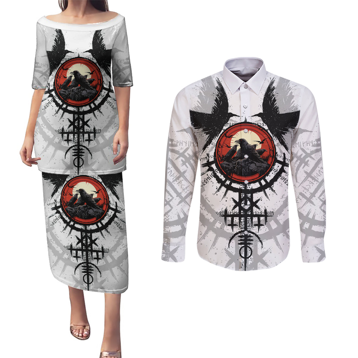 Viking Ravens Couples Matching Puletasi Dress and Long Sleeve Button Shirts Can't Hide Our Warrior Pride - Wonder Print Shop