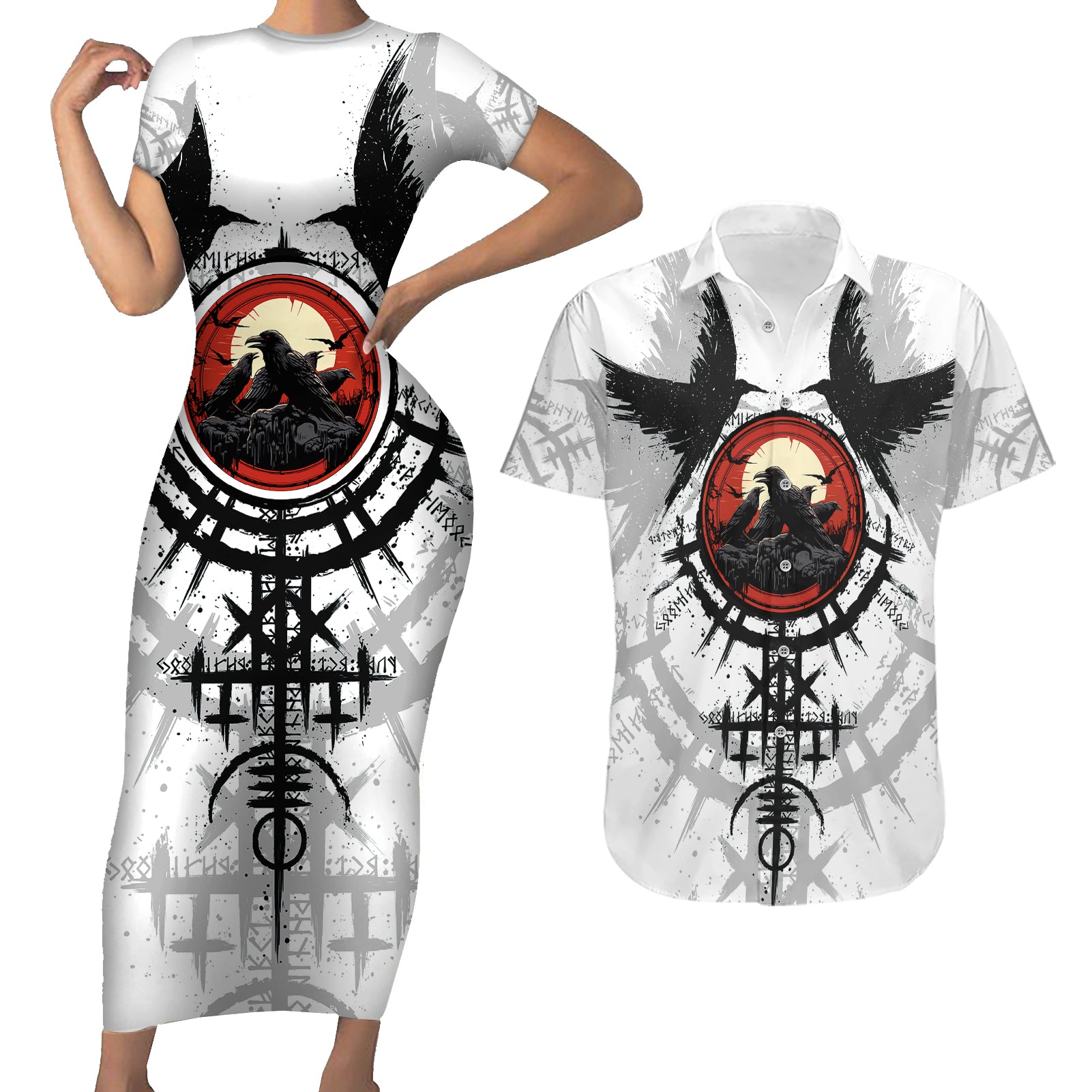 Viking Ravens Couples Matching Short Sleeve Bodycon Dress and Hawaiian Shirt Can't Hide Our Warrior Pride - Wonder Print Shop