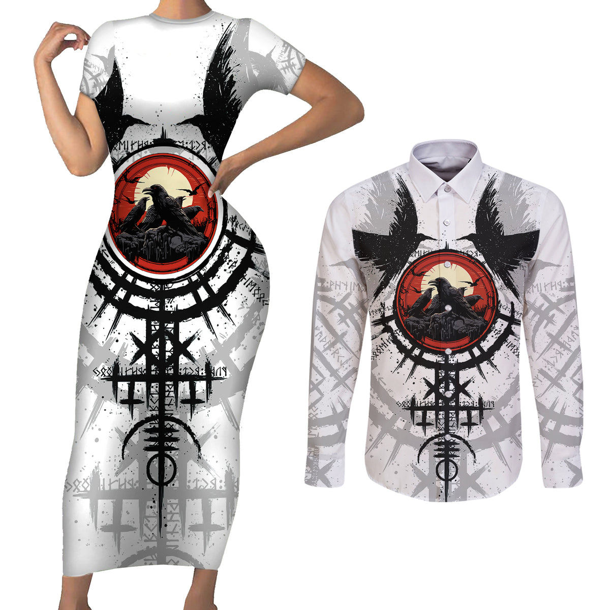Viking Ravens Couples Matching Short Sleeve Bodycon Dress and Long Sleeve Button Shirts Can't Hide Our Warrior Pride - Wonder Print Shop