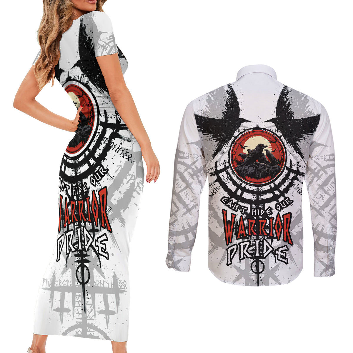 Viking Ravens Couples Matching Short Sleeve Bodycon Dress and Long Sleeve Button Shirts Can't Hide Our Warrior Pride - Wonder Print Shop